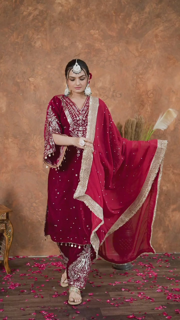 Royal Red Heavy Viscose Velvet Embroidery Party Wear Top, Plazzo & Dupatta Set