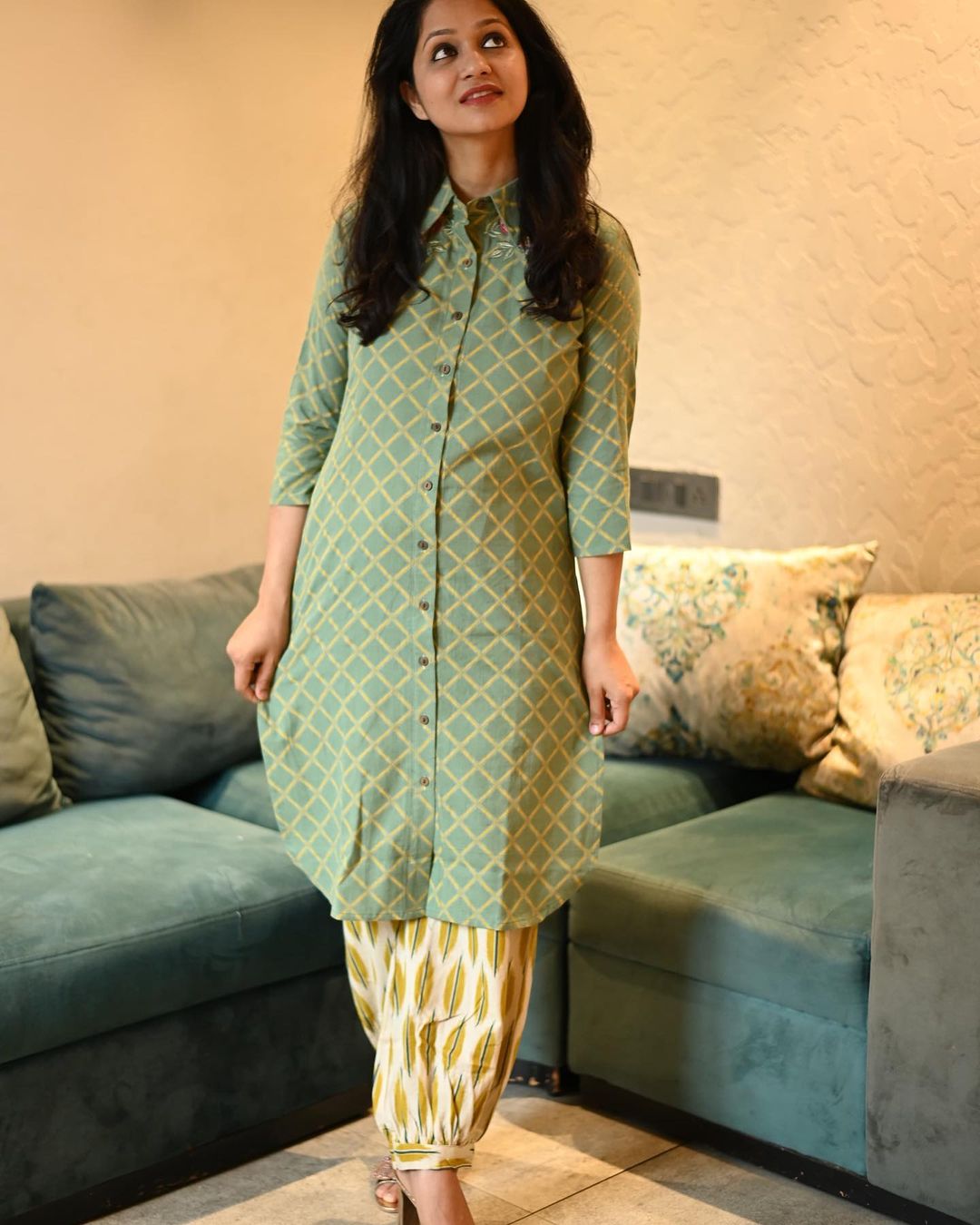 Fine Cotton Shoulder Embroidery Pathani Style Kurta and Printed Patiala Set