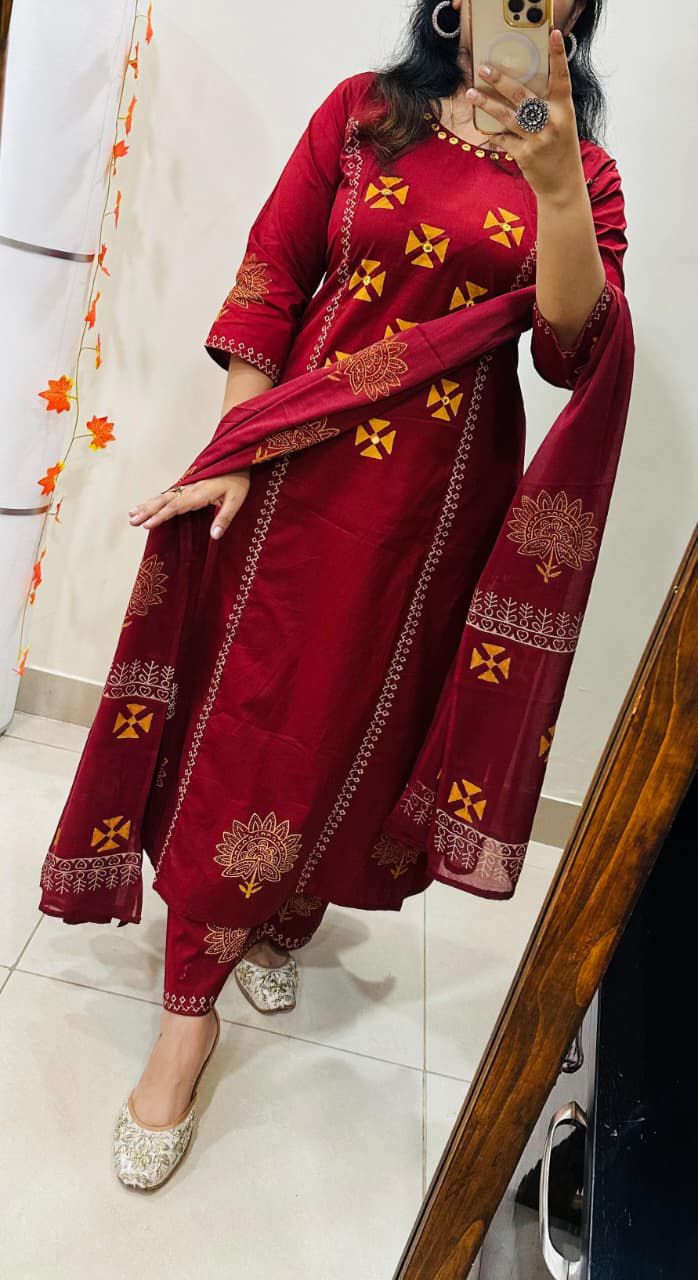 Premium Cotton Aline Kurti Palazzos Suit Set with Original Mirror Work & Block Print Dupatta (3-Piece)