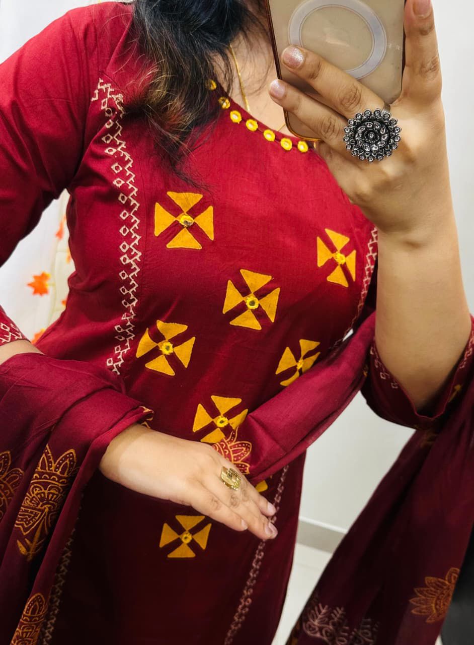 Premium Cotton Aline Kurti Palazzos Suit Set with Original Mirror Work & Block Print Dupatta (3-Piece)