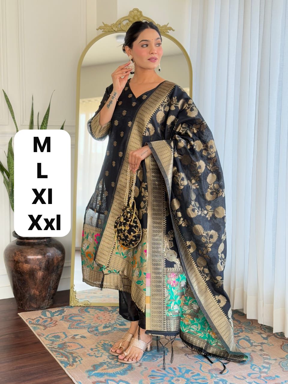 Premium Chanderi Banarasi Jamdani Silk Kurti Set with Full Size Woven Silk Dupatta