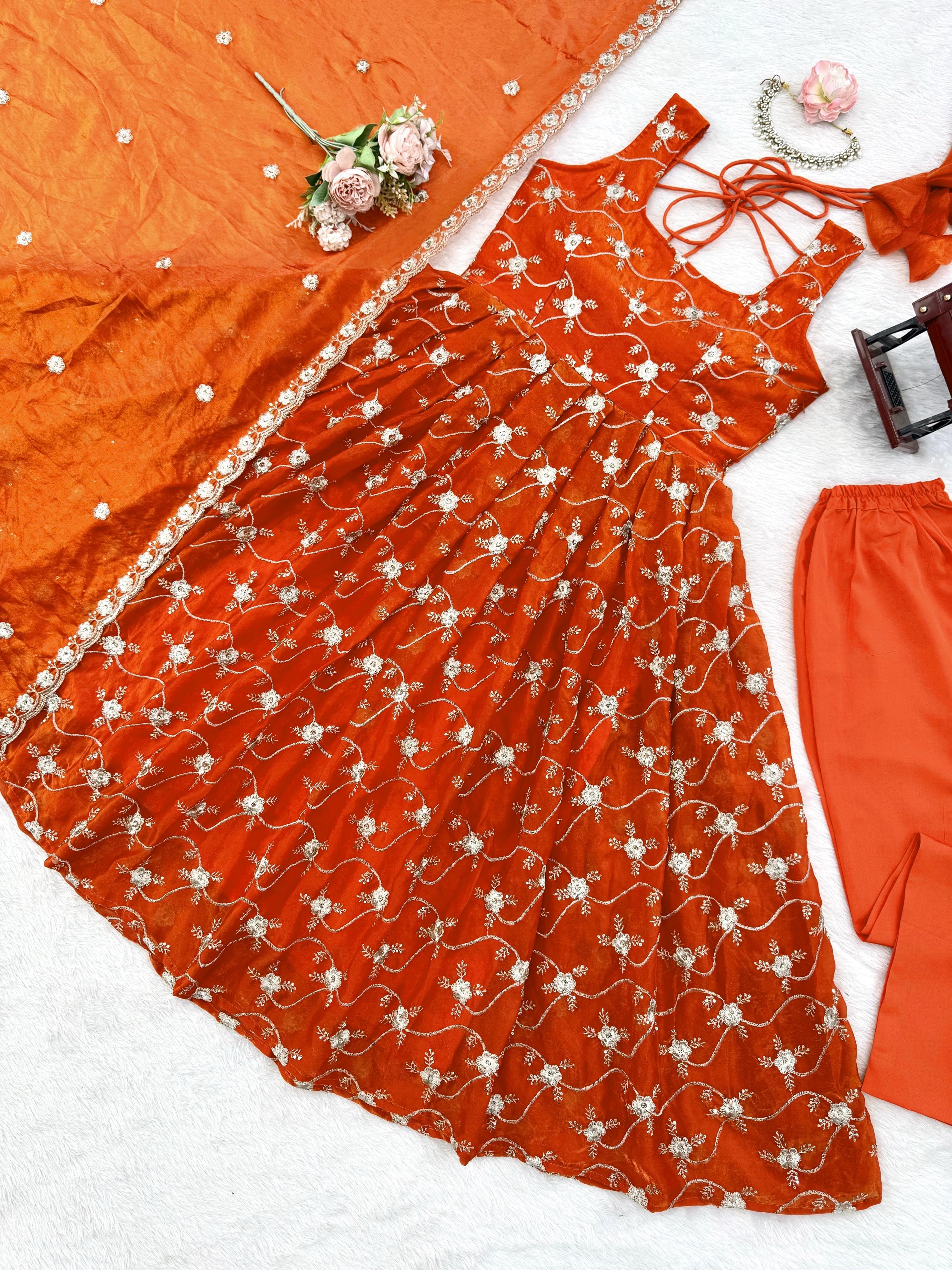 Orange Fendy Silk Sequence Work Designer Anarkali Set with Pant and Dupatta