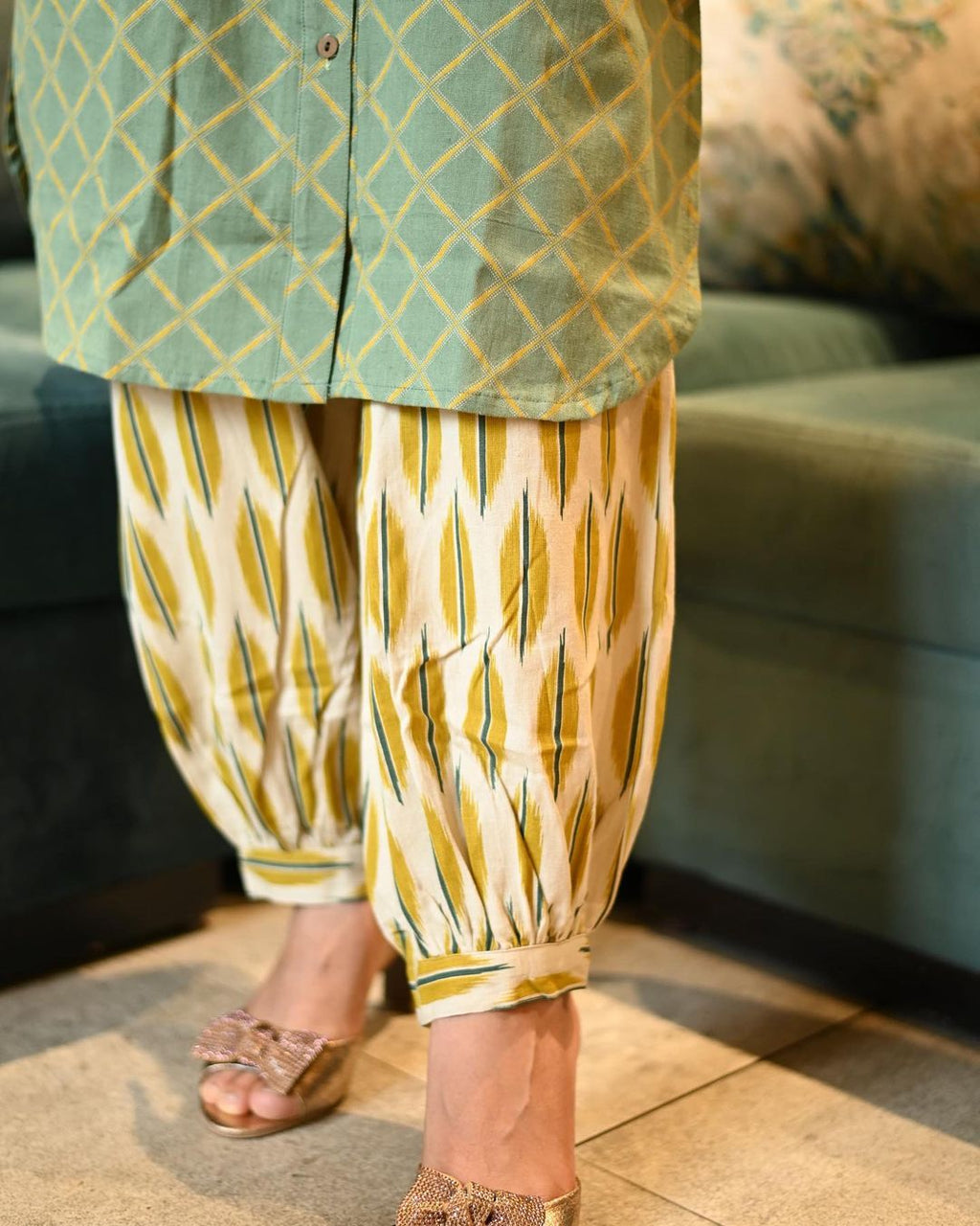 Fine Cotton Shoulder Embroidery Pathani Style Kurta and Printed Patiala Set