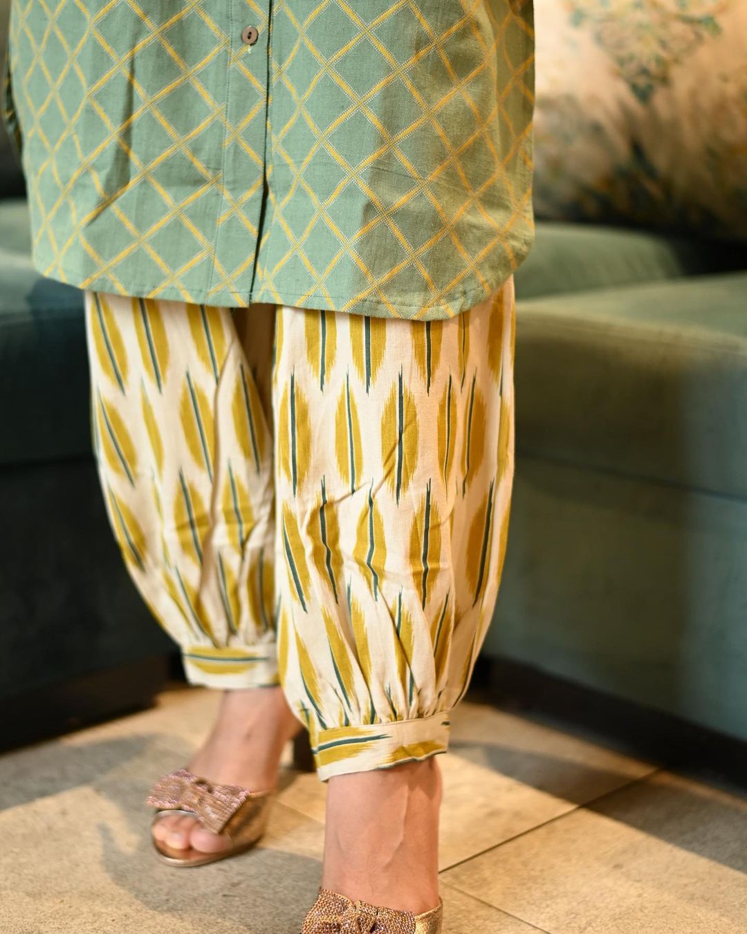 Fine Cotton Shoulder Embroidery Pathani Style Kurta and Printed Patiala Set