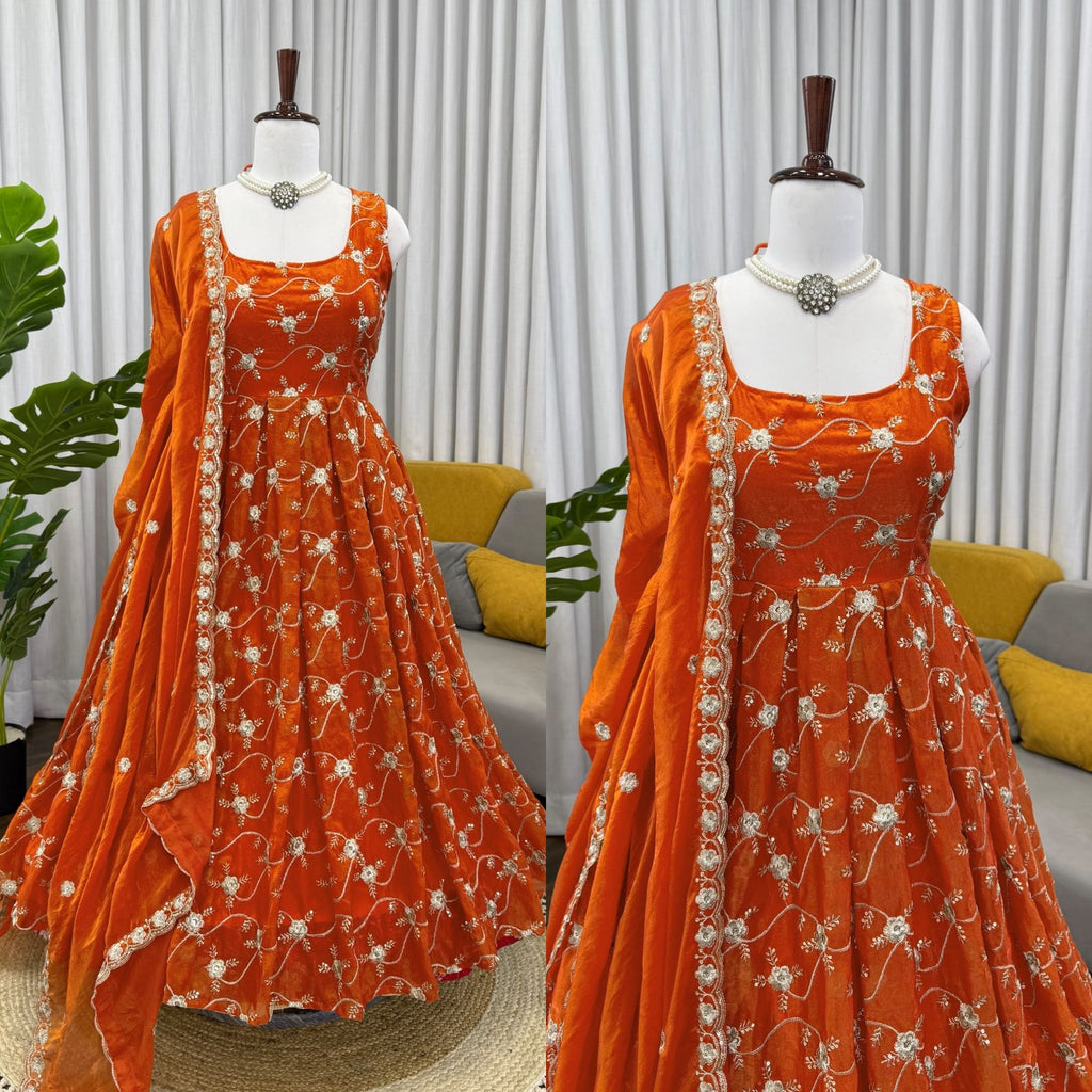 Orange Fendy Silk Sequence Work Designer Anarkali Set with Pant and Dupatta
