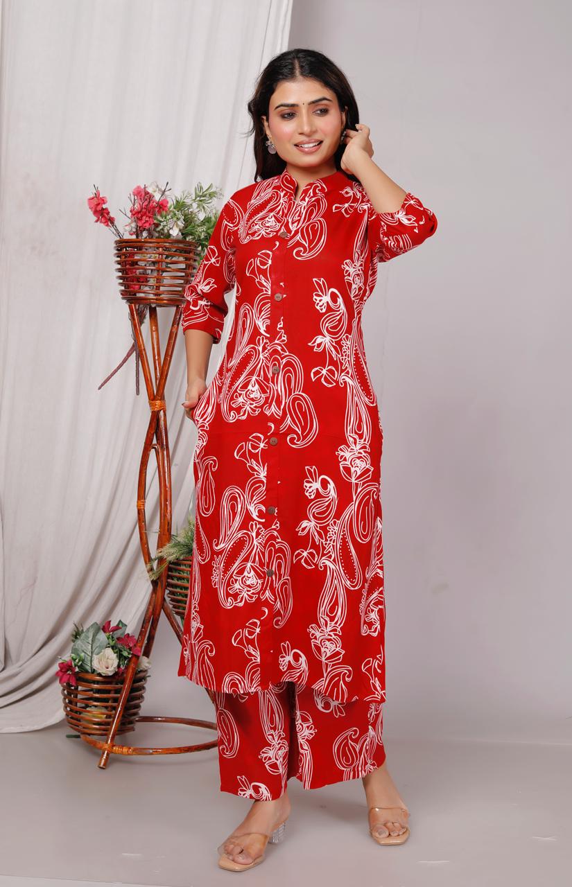Vibrant Red Premium Rayon 140 kg A-Line Kurti Co-ord Set with Ankle Length Palazzo