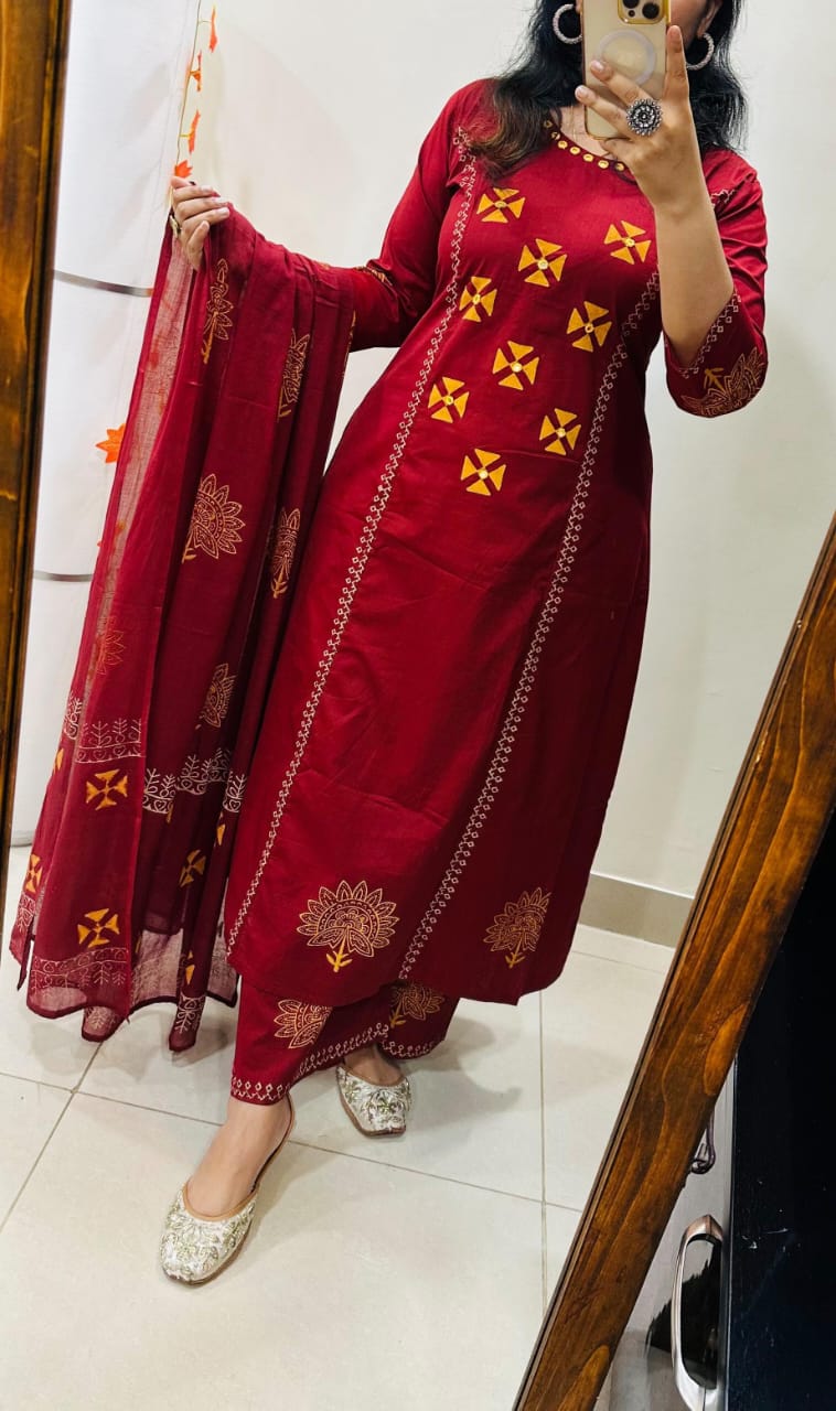 Premium Cotton Aline Kurti Palazzos Suit Set with Original Mirror Work & Block Print Dupatta (3-Piece)