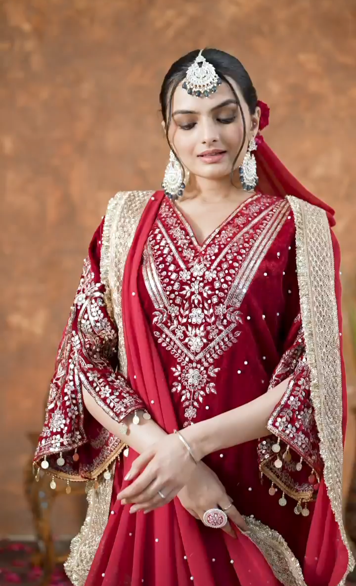 Royal Red Heavy Viscose Velvet Embroidery Party Wear Top, Plazzo & Dupatta Set