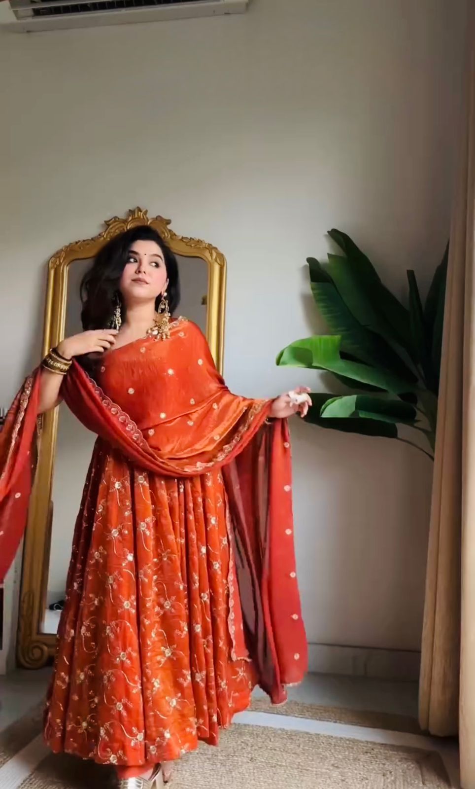 Orange Fendy Silk Sequence Work Designer Anarkali Set with Pant and Dupatta