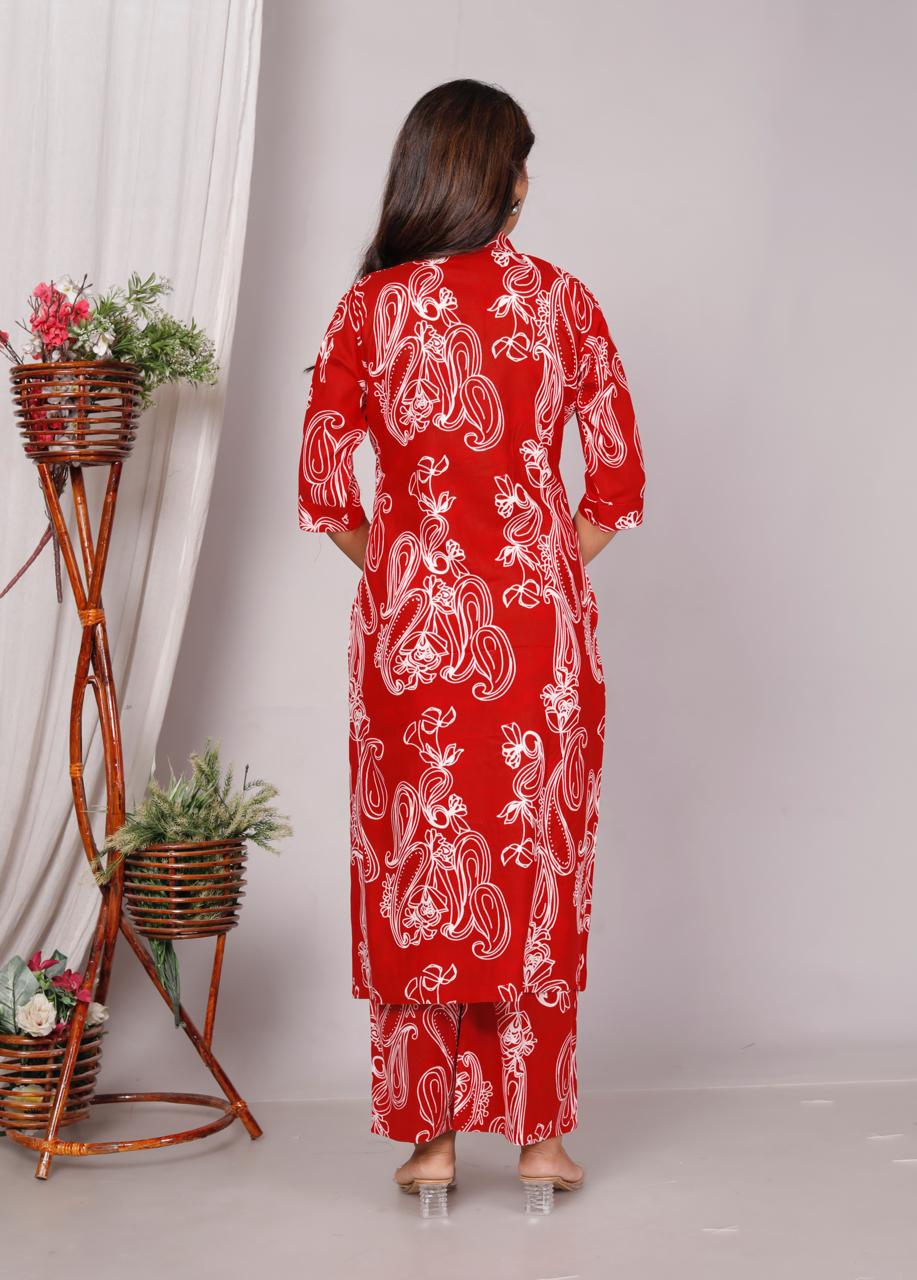 Vibrant Red Premium Rayon 140 kg A-Line Kurti Co-ord Set with Ankle Length Palazzo