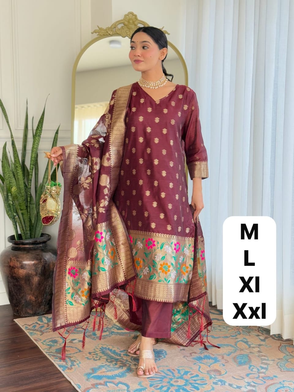 Premium Chanderi Banarasi Jamdani Silk Kurti Set with Full Size Woven Silk Dupatta