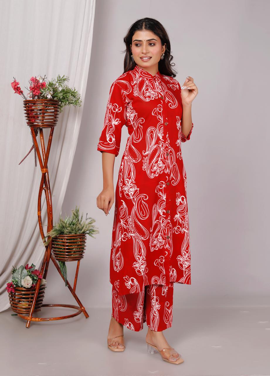 Vibrant Red Premium Rayon 140 kg A-Line Kurti Co-ord Set with Ankle Length Palazzo