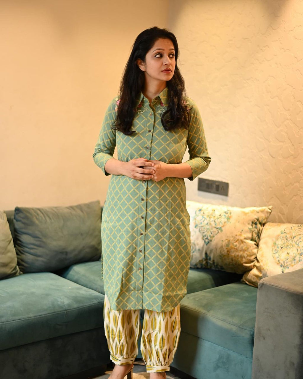 Fine Cotton Shoulder Embroidery Pathani Style Kurta and Printed Patiala Set