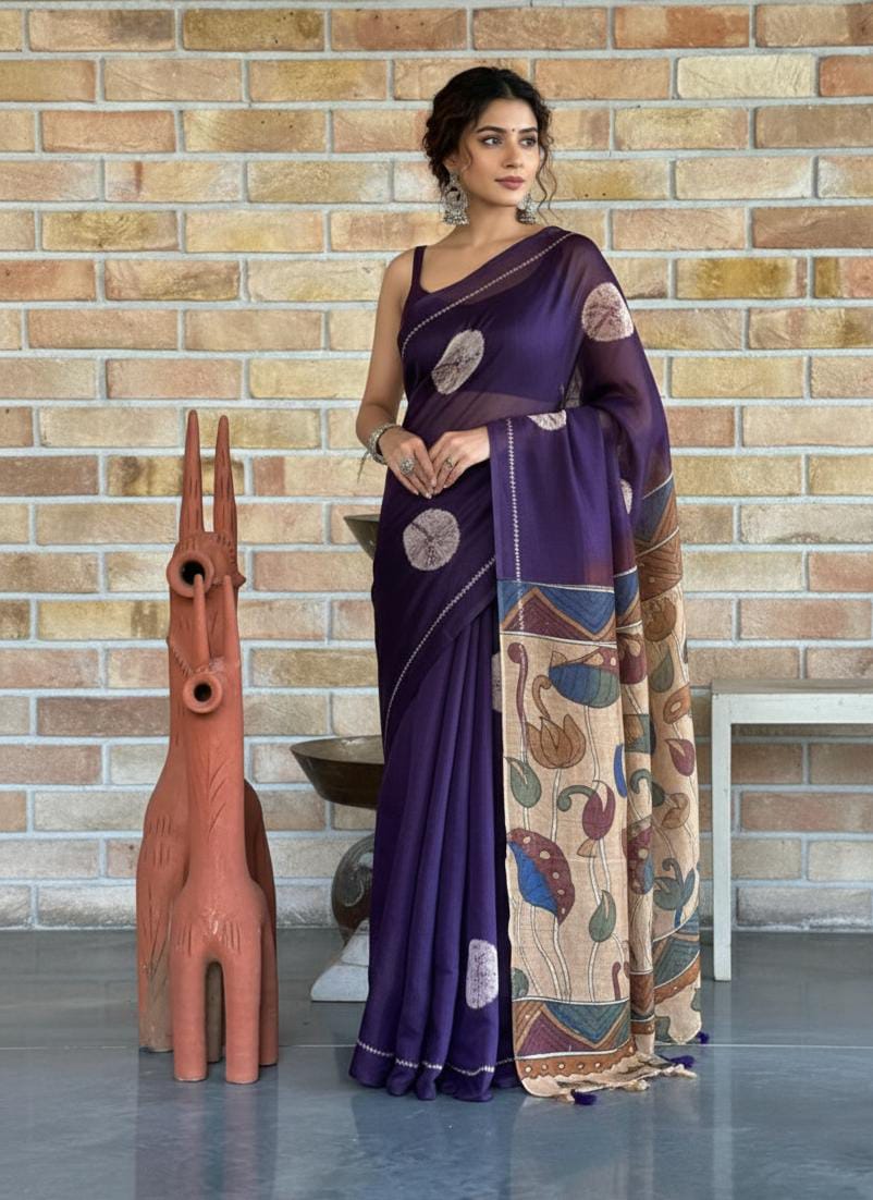 Premium Linen Kalamkari and Shibori Fusion Saree with Fancy Tassels (Purple Linen Saree)
