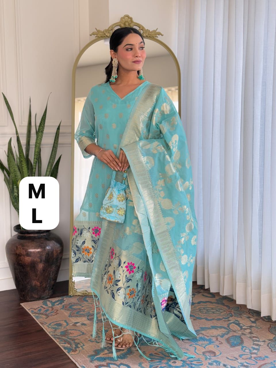 Premium Chanderi Banarasi Jamdani Silk Kurti Set with Full Size Woven Silk Dupatta