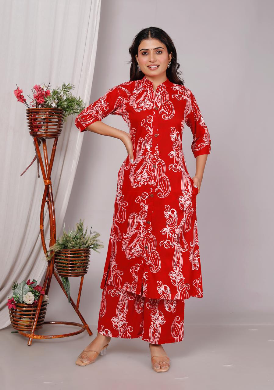 Vibrant Red Premium Rayon 140 kg A-Line Kurti Co-ord Set with Ankle Length Palazzo