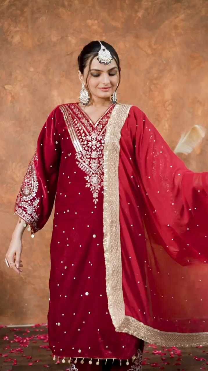Royal Red Heavy Viscose Velvet Embroidery Party Wear Top, Plazzo & Dupatta Set