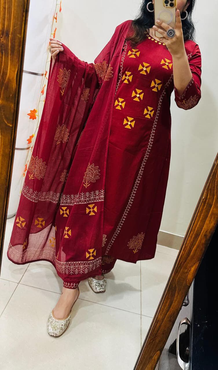 Premium Cotton Aline Kurti Palazzos Suit Set with Original Mirror Work & Block Print Dupatta (3-Piece)