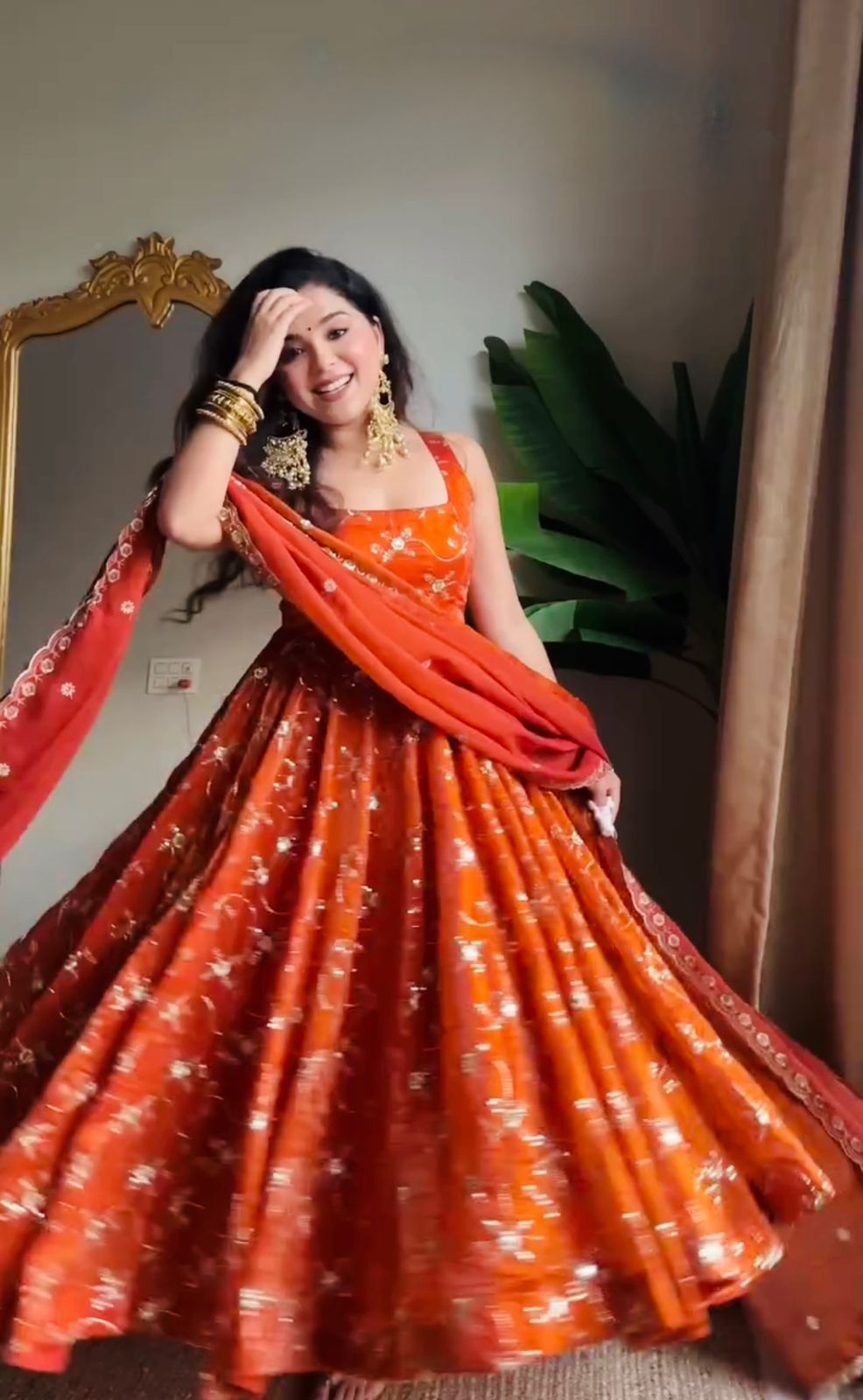 Orange Fendy Silk Sequence Work Designer Anarkali Set with Pant and Dupatta
