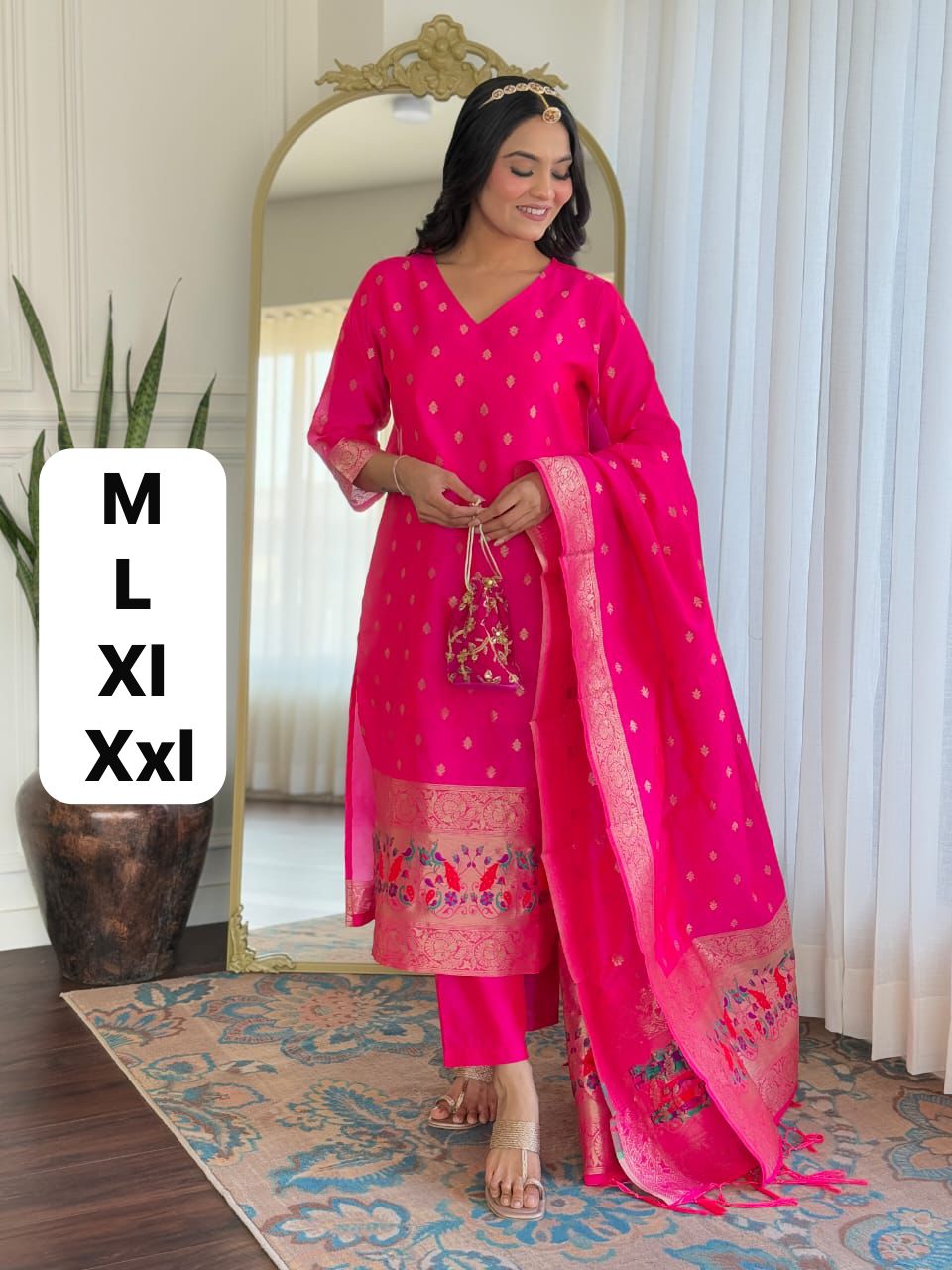 Premium Chanderi Banarasi Jamdani Silk Kurti Set with Full Size Woven Silk Dupatta